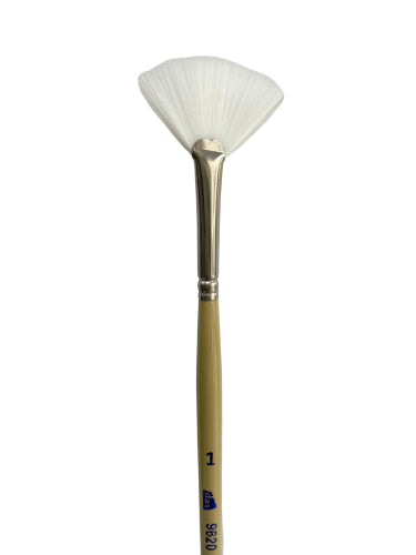 White Taklon Fan Brush #1, perfect for watercolor, acrylic, and gouache, ideal for textures and blending in artwork.