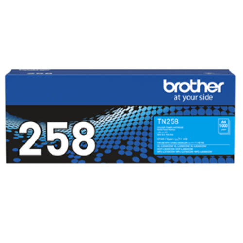 High-yield Brother TN258C cyan toner for vibrant prints, yields 1,000 pages, compatible with MFCL3760CDW and HLL8240CDW.