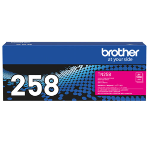 Brother TN258M Magenta toner cartridge for high-quality printing, yields 1,000 pages, compatible with MFCL3760CDW and HLL8240CDW.