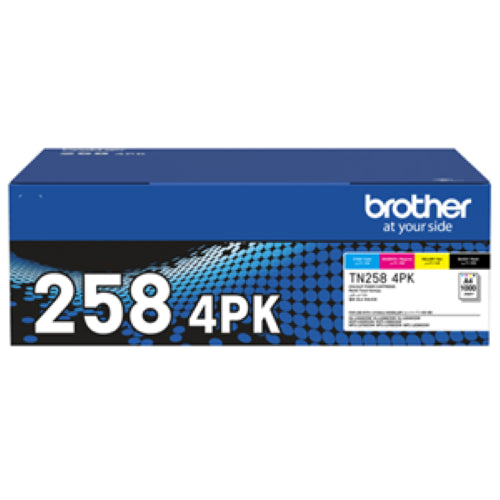 Brother TN2584PK Toner 4 Pack includes cyan, magenta, yellow, and black cartridges, yielding 1,000 pages each for vibrant prints.