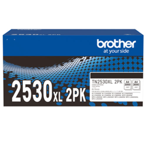 Brother TN2530XL2PK toner 2-pack for high-volume printing, yields 3,000 pages per cartridge, ensures sharp, reliable prints.