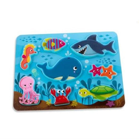 Colorful wooden underwater puzzle for toddlers featuring 8 chunky sea animal pieces to enhance fine motor skills.