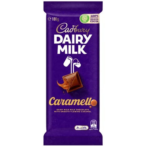 Cadbury Chocolate Block Caramello 180g pack of 15, featuring smooth chocolate with rich caramel that oozes with each bite.