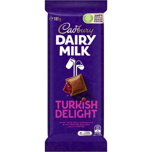 Cadbury Chocolate Block Turkish Delight 180g pack of 15, featuring smooth milk chocolate and jelly center for an exquisite treat.