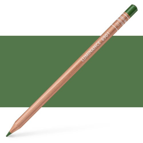 Caran D’ache Luminance pencil in Chrom Ox Green, featuring creamy lead, high lightfastness, and eco-friendly cedar wood casing.