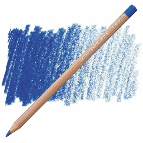 Caran d'Ache Luminance Mid Cob Blue artist pencil showcasing vibrant color, creamy lead, and eco-friendly cedar wood casing.