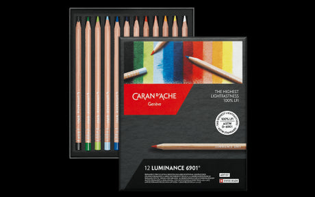 Caran d'Ache Luminance Permanent Colour 12s artist pencils in vibrant colors, crafted from FSC cedar wood, ideal for detailed artwork.