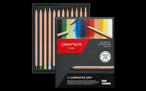 Caran d'Ache Luminance Permanent Colour 12s artist pencils in vibrant colors, crafted from FSC cedar wood, ideal for detailed artwork.