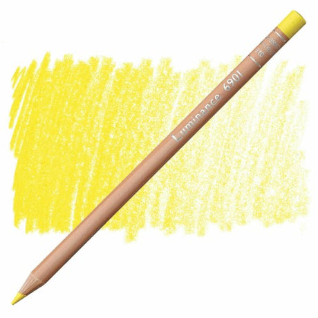 Caran d'Ache Luminance Pencils in Bismuth Yellow (3-pack) showcasing eco-friendly wood, creamy lead, and vibrant color quality.