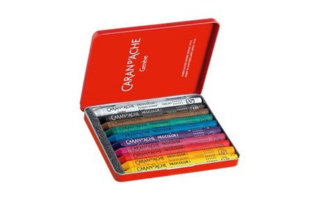 Caran D’ache Neocolor 1 Wax Oil Crayons pack of 10 featuring vibrant colors in a reusable metal case for artists.