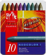 Set of 10 Caran D’Ache Neocolor 1 metallic wax oil pastels featuring vibrant colors, water-resistant, perfect for artists.