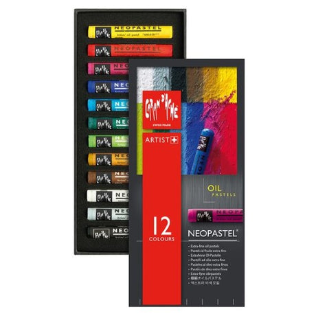 Set of 12 vibrant Caran d’Ache Neopastel oil pastels with a soft texture for seamless blending on various surfaces.