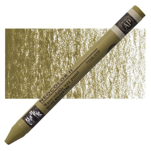 Pack of 10 Caran d'Ache Neocolor II olive brown crayons, featuring vibrant colors for wet and dry techniques, ideal for artists.