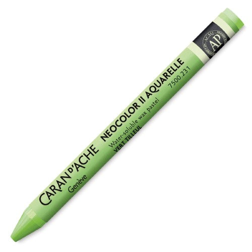 Caran d'Ache Neocolor II Lime Green crayon, 105mm long, known for vibrant pigment and smooth application for artists.