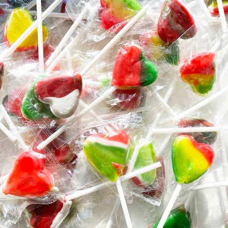 A vibrant 200 pack of heart-shaped lollipops in assorted fruity flavors, perfect for celebrations and party favors.