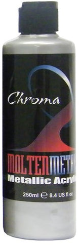 CHROMA MOLTEN METALS 250ML PURGARE SILVER bottle featuring premium metallic acrylic paint for versatile art applications.