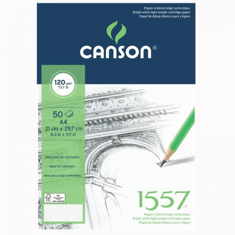 Canson 1557 Pad A3 features bright white, premium sketching paper ideal for dry media, with excellent pigment retention and durability.