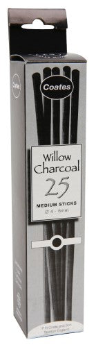 Coates Willow Charcoal Medium (5-6mm) for artists, offers rich lines and smooth application for sketching and shading.