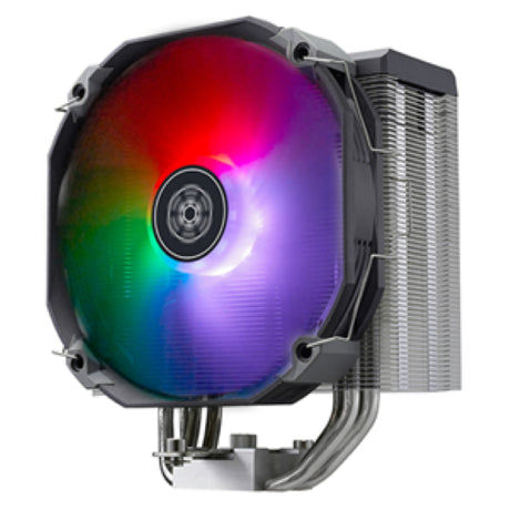 SilverStone Argon 140mm CPU cooler with ARGB LEDs, four copper heat pipes, and a quiet 400-1750 RPM fan for optimized cooling.