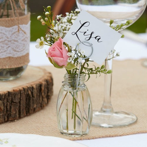 Rustic glass place card holders designed for elegant dining, perfect for weddings and special occasions. Pack of 4.