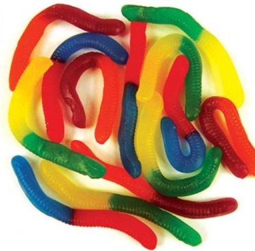 Colorful gummy candies shaped like worms, bursting with fruity flavors in a 2kg bag for playful snacking.