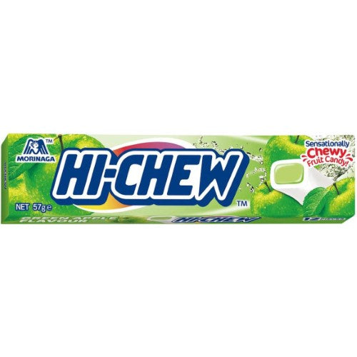 Hi-Chew Green Apple 12-pack, featuring soft chewy candies with vibrant green apple flavor, perfect for snacking and sharing.