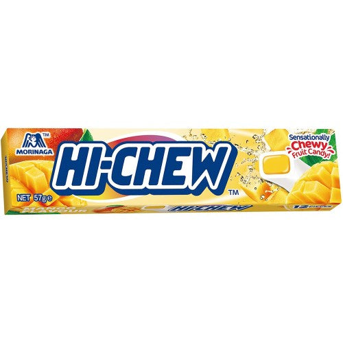 Hi-Chew Mango 57g (12 Pack) features chewy candies bursting with authentic mango flavor, made with real fruit juice.