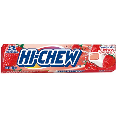 A 12-pack of Hi-Chew Strawberry candies, featuring chewy, juicy treats bursting with ripe strawberry flavor.