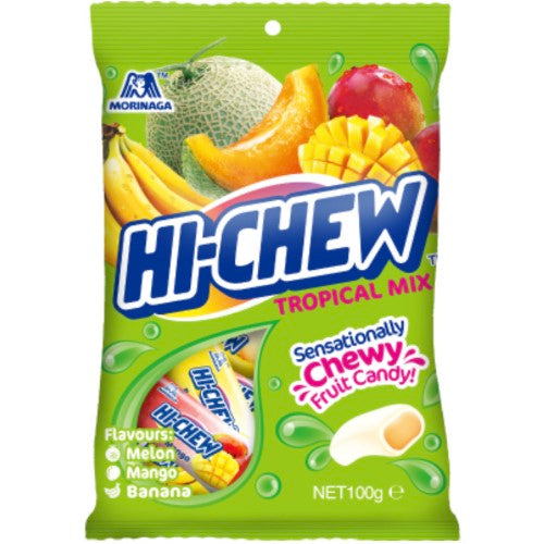 HI-CHEW Tropical 100g bag featuring chewy candies infused with mango and pineapple flavors for a delightful snacking experience.