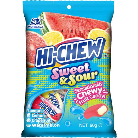 HI-CHEW Sweet & Sour 90g (6 Pack) features chewy candies bursting with fruity flavors for a delightful tangy snack.