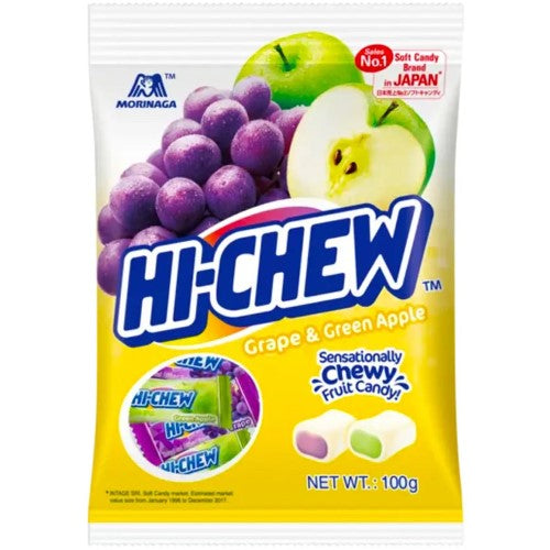 HI-CHEW Grape & Green Apple 100g bag, featuring chewy, fruity candy in a 6-pack for a delightful snacking experience.