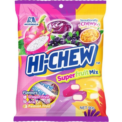 HI-CHEW Superfruit Mix 90g pack featuring a vibrant blend of six exotic superfruits for chewy snacking.