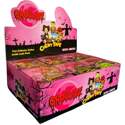 Ghouliez Chewy Tape Tutti Frutti 85g pack of 12, offering chewy texture and vibrant fruity flavors for tasty snacking.