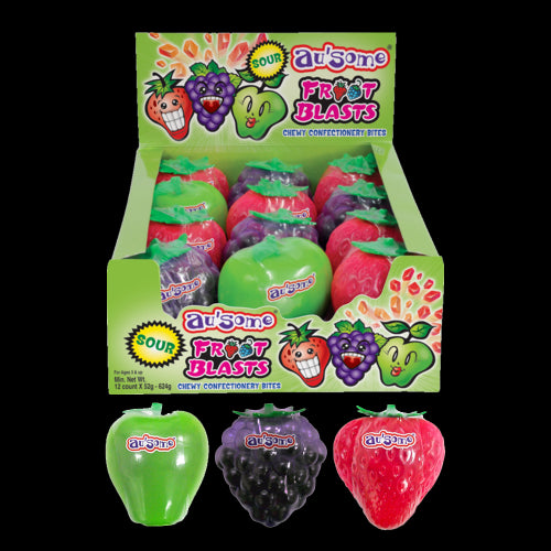 Colorful fruit-shaped chewy candies in a 12-pack, bursting with authentic fruit flavors, perfect for sharing and snacking.