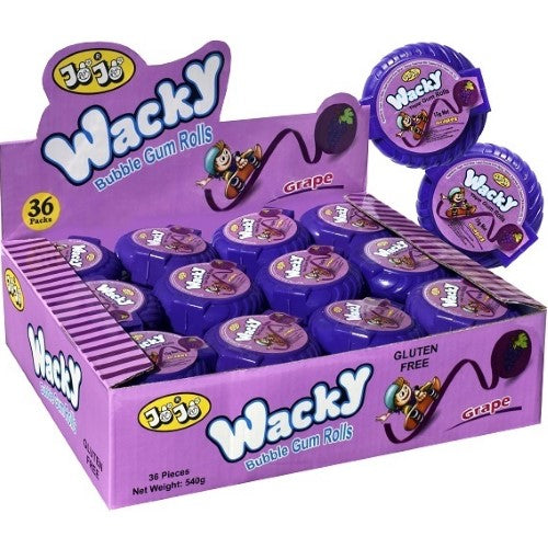 Wacky Grape Gum Rolls 15g pack, featuring vibrant grape flavor in chewy rolls, perfect for snacks and sharing.