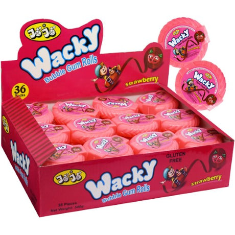 Wacky Strawberry Gum Rolls 15g packs offer a fun, chewy treat bursting with strawberry flavor, perfect for sharing and snacking.