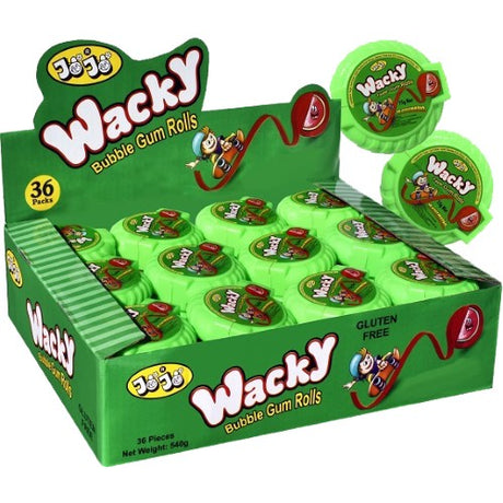 Wacky Apple Gum Rolls 15g pack with 36 rolls, featuring fruity apple-flavored gum for fun snacking adventures.