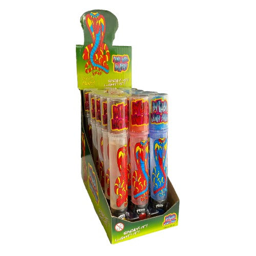 Colorful Python Lamp Spray 28ml bottles, fun candy sprays with fruity flavors in a playful lamp shape, ideal for sharing.