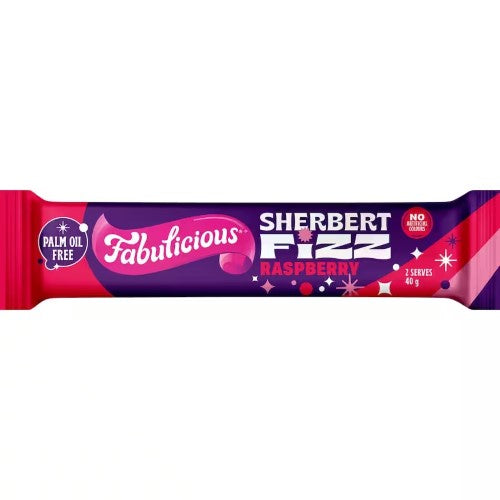 RJ’s Fabulicious Sherbet Fizz 40g packs featuring raspberry and sherbet flavors, perfect chewy snack in a 24-pack box.