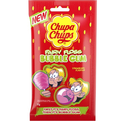 Chuppa Chups Fairy Floss (12 Pack) offers sweet bubble gum strawberry-flavored fairy floss for a delightful treat on-the-go.