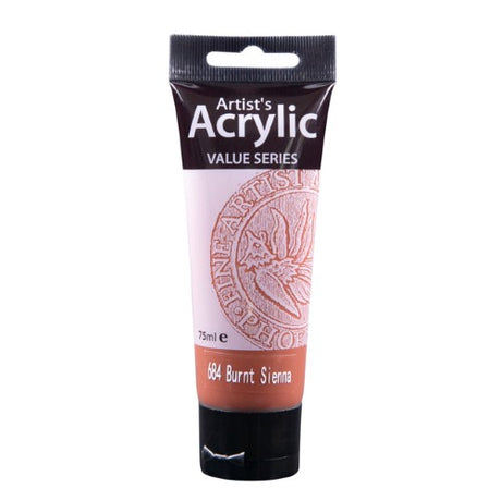 75ml tube of Phoenix Acrylic Burnt Sienna paint, showcasing rich color saturation and smooth, easy blending for artists.