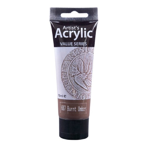 75ml tube of Phoenix Acrylic Burnt Umber paint, featuring rich color, smooth texture, and quick-drying matte finish for artists.