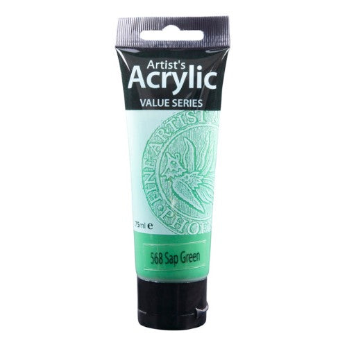 A bottle of Phoenix Acrylic 75ml in Sap Green, ideal for artists, offering vibrant color and smooth consistency.