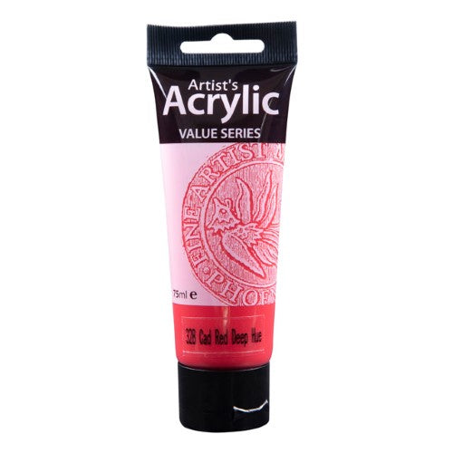 A vibrant 75ml tube of Phoenix Acrylic Cadmium Red paint, perfect for artists and crafters of all skill levels.