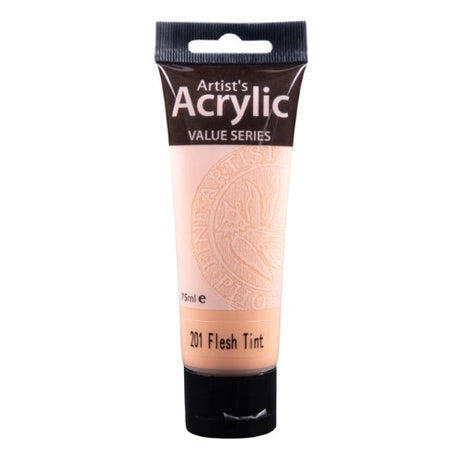 A 75ml tube of Phoenix Acrylic Flesh (201) paint, ideal for realistic skin tones in artistic creations.