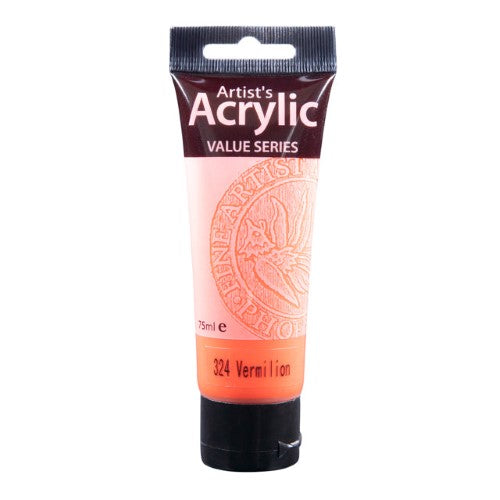 Vibrant 75ml Vermillion acrylic paint tube, perfect for artists seeking quality and versatility in their creative projects.