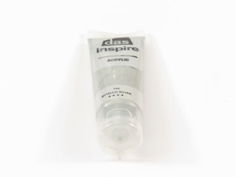 Squeeze tube of Das Inspire 75ml Metallic Silver acrylic paint, ideal for vibrant artwork on various surfaces.