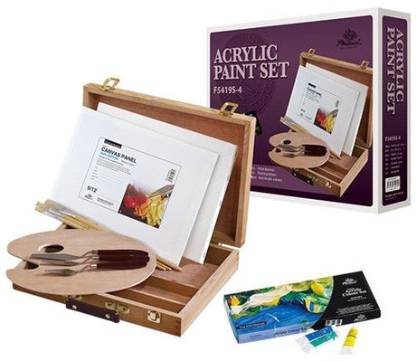 Phoenix Acrylic Painting Box Set with 18 vibrant colors, brushes, knives, canvas, and wooden storage for all skill levels.