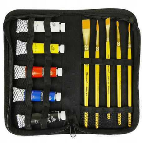 "Compact Phoenix Acrylic Travel Set featuring 5 vibrant paints and brushes, perfect for artists on-the-go."