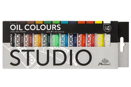 Vibrant 12-set of Phoenix Oil Colours in 12ml tubes, ideal for artists at all skill levels to inspire creativity.